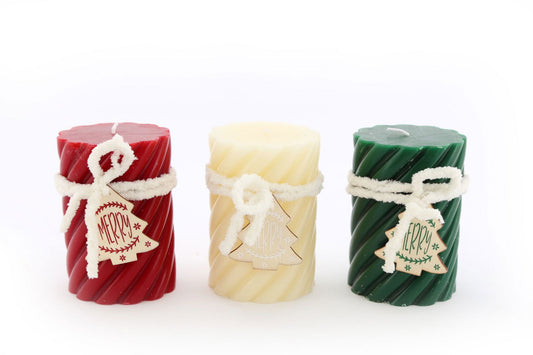 three-twist-pillar-candles-green-cream-redat Willow and Wine!