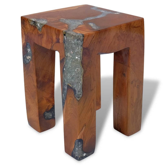 Stool Solid Teak Wood and Resin Willow and Wine