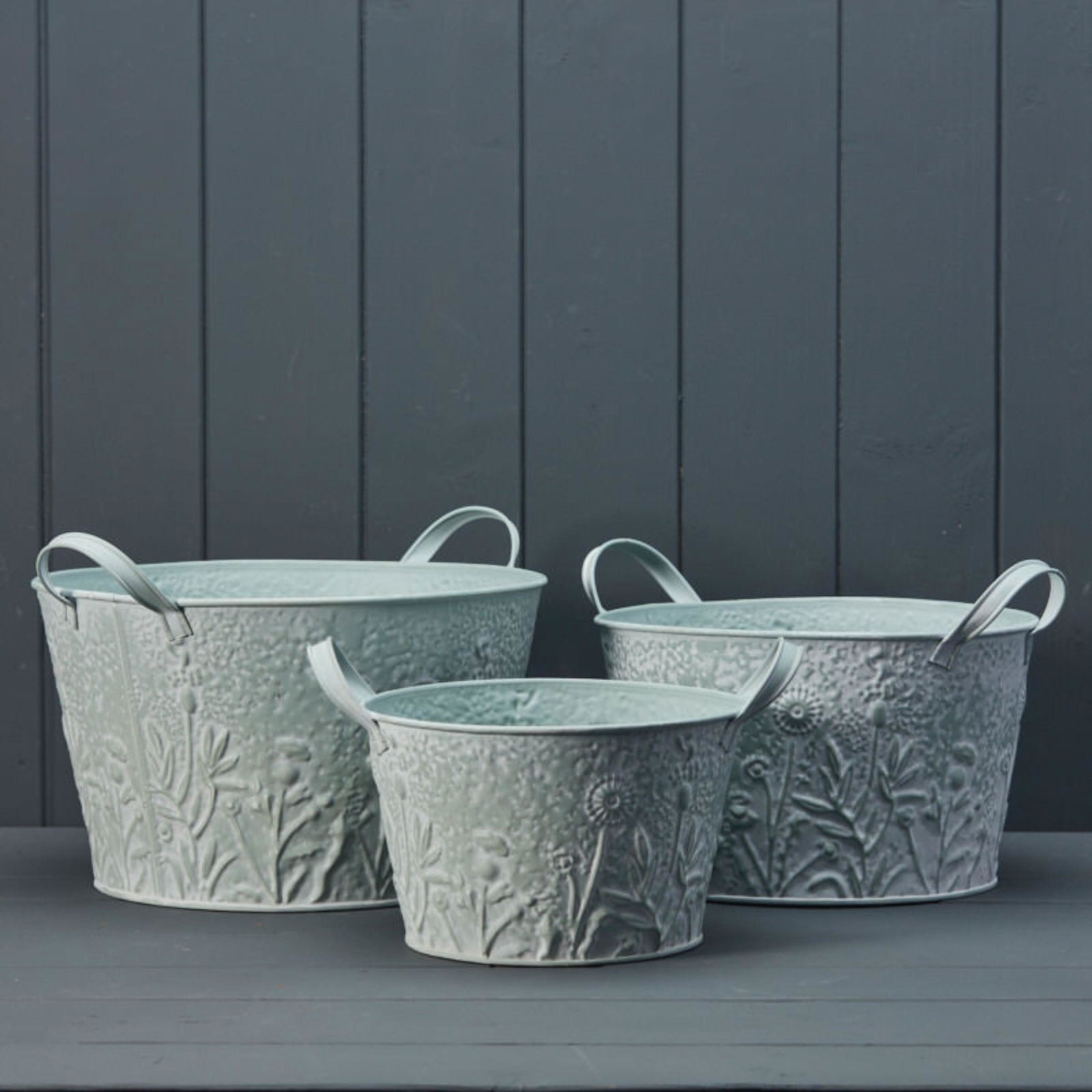 set-of-three-round-zinc-planters-with-floral-designat Willow and Wine!