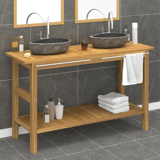 vidaXL Bathroom Vanity Cabinet with River Stone Sinks Solid Wood Teak