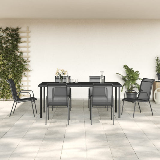 vidaXL 7 Piece Garden Dining Set Black Steel and Textilene