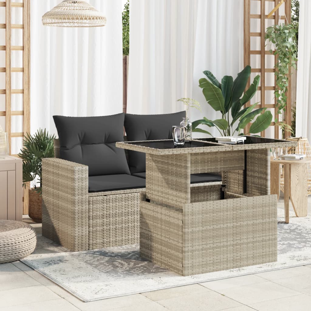 vidaXL Garden Table with Glass Top Light Grey 100x55x73 cm Poly Rattan