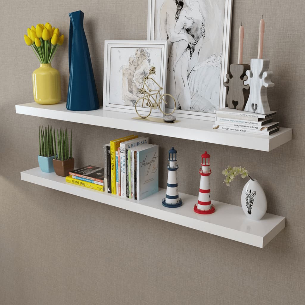 vidaXL 2 White MDF Floating Wall Display Shelves Book/DVD Storage at Willow and Wine