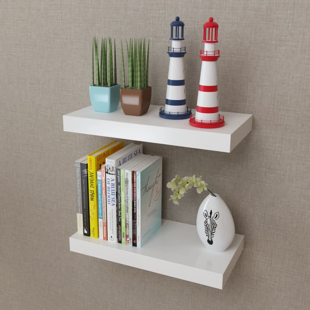 vidaXL 2 White MDF Floating Wall Display Shelves Book/DVD Storage at Willow and Wine