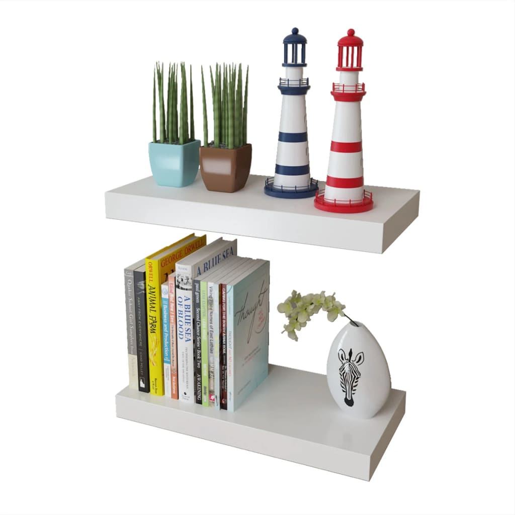 vidaXL 2 White MDF Floating Wall Display Shelves Book/DVD Storage at Willow and Wine