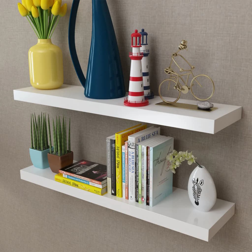 vidaXL 2 White MDF Floating Wall Display Shelves Book/DVD Storage at Willow and Wine