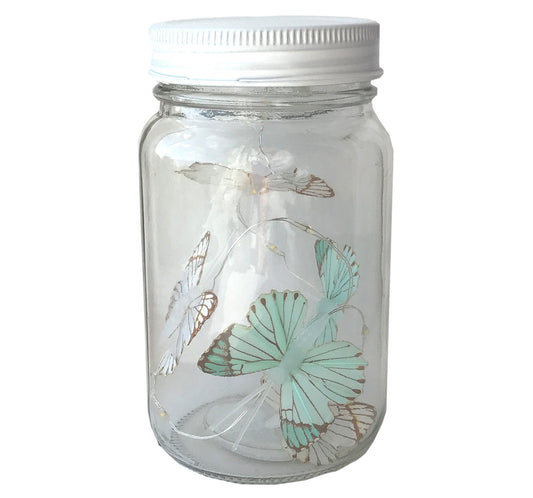 Butterfly Led Light Chain In Glass Jam Jar - Blue Willow and Wine
