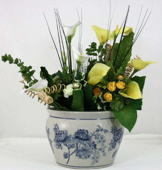Ceramic Planter, Vintage Blue & White Magnolia Design Willow and Wine