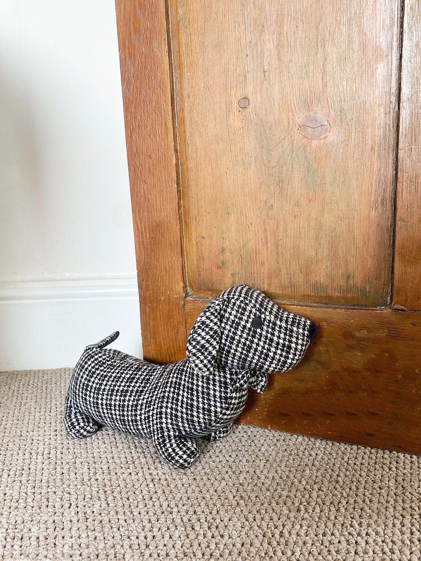 Grey Tartan Fabric Sausage Dog Doorstop Willow and Wine