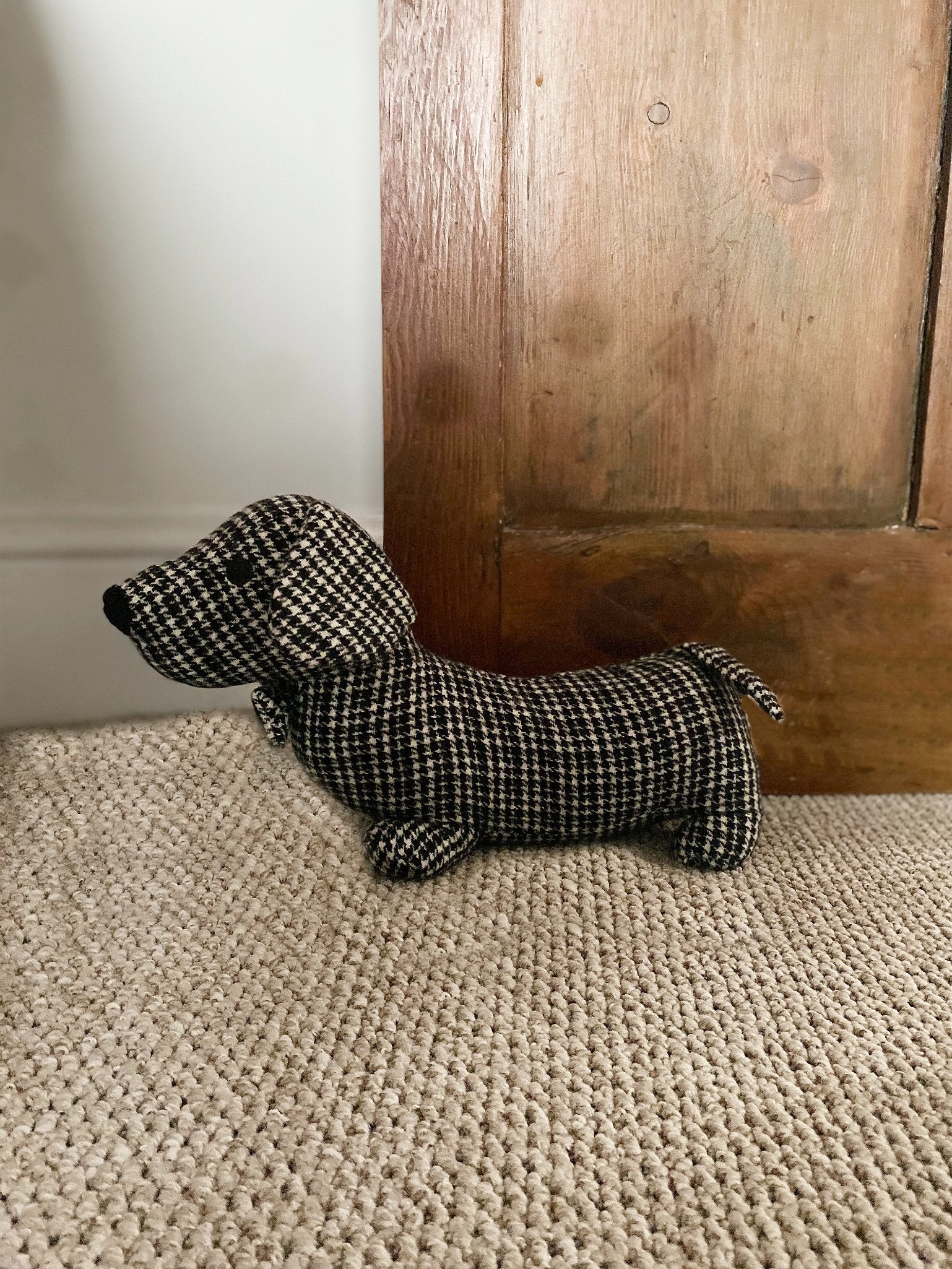 Grey Tartan Fabric Sausage Dog Doorstop Willow and Wine