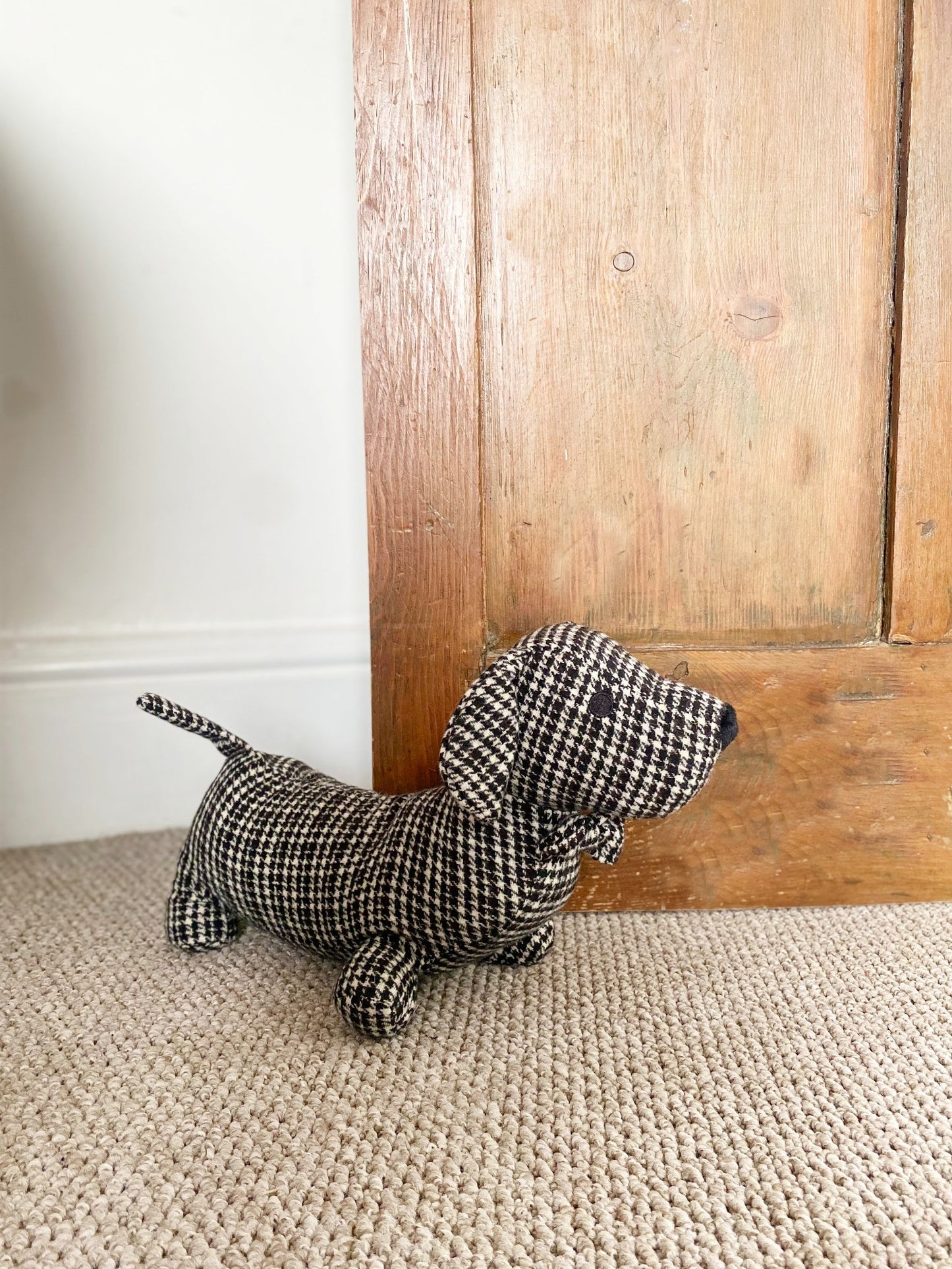 Grey Tartan Fabric Sausage Dog Doorstop Willow and Wine