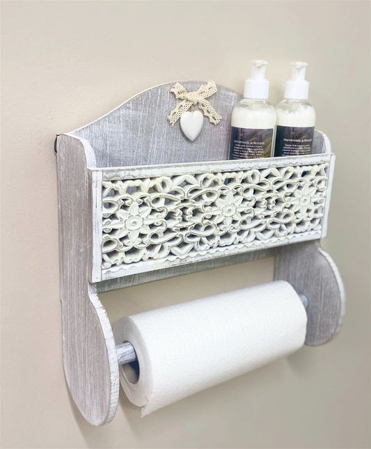 Grey Wooden Kitchen Towel Holder With Cutout Pattern Shelf Willow and Wine