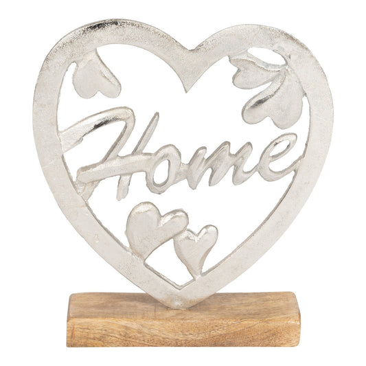 Metal Silver Heart Home On A Wooden Base Large Willow and Wine