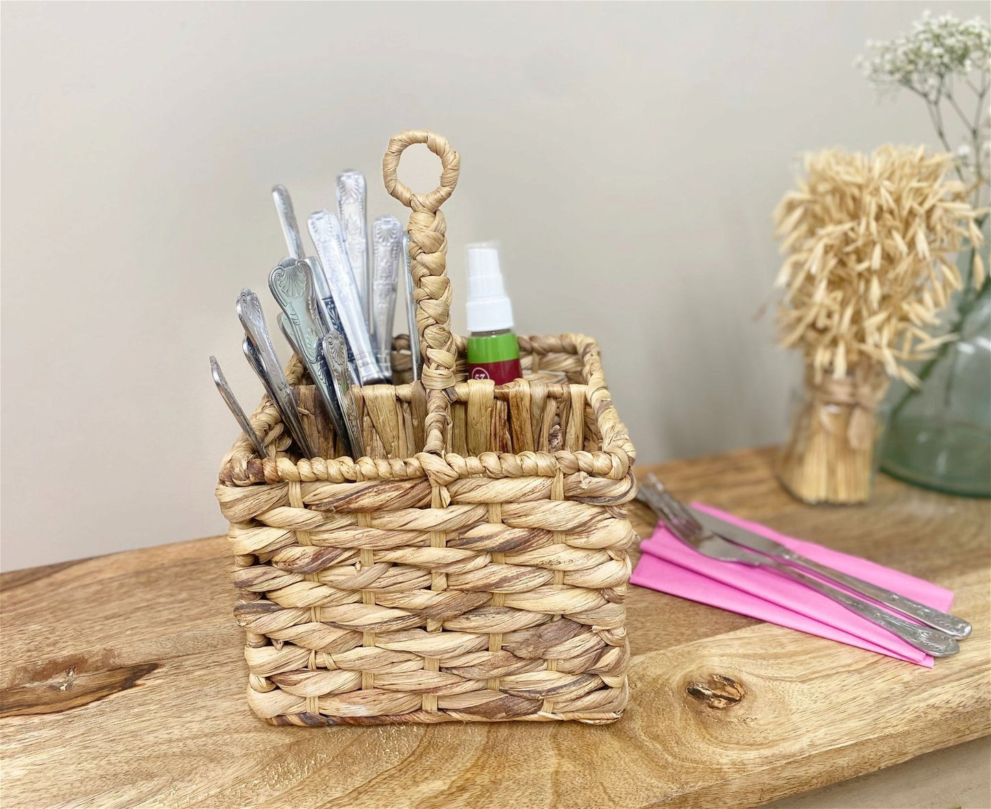 Natural Waterhyacinth Woven Cutlery Holder 26cm Willow and Wine