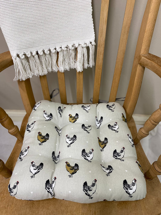 Padded Seat Pad With Ties With A Chicken Print Design Willow and Wine