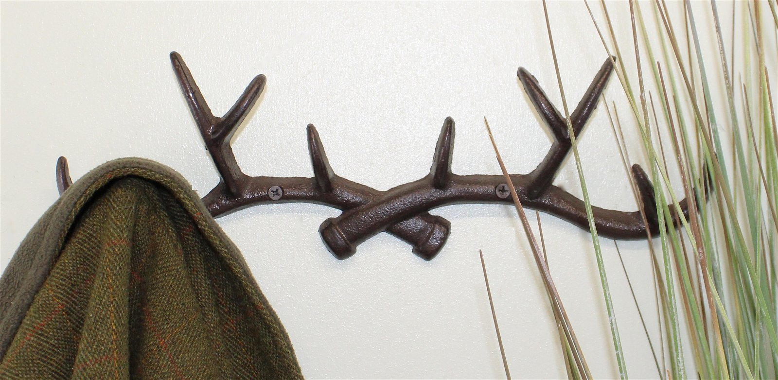 Rustic Cast Iron Wall Hooks, Stag Antlers, Large Willow and Wine