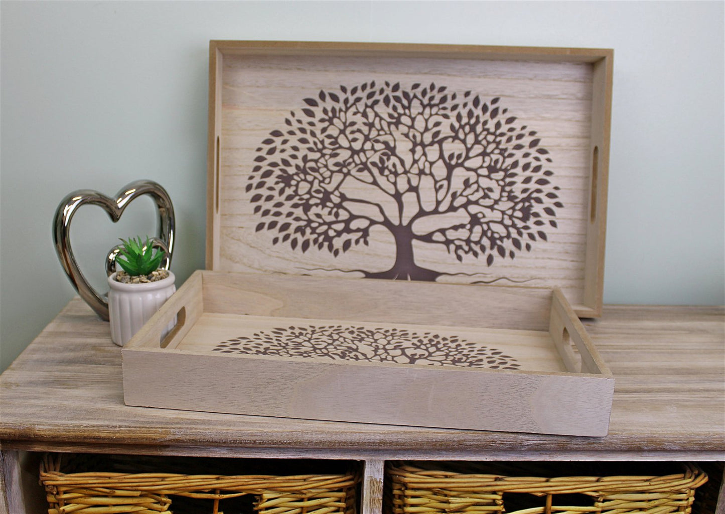Set Of 2 Tree Of Life Wooden Trays Willow and Wine