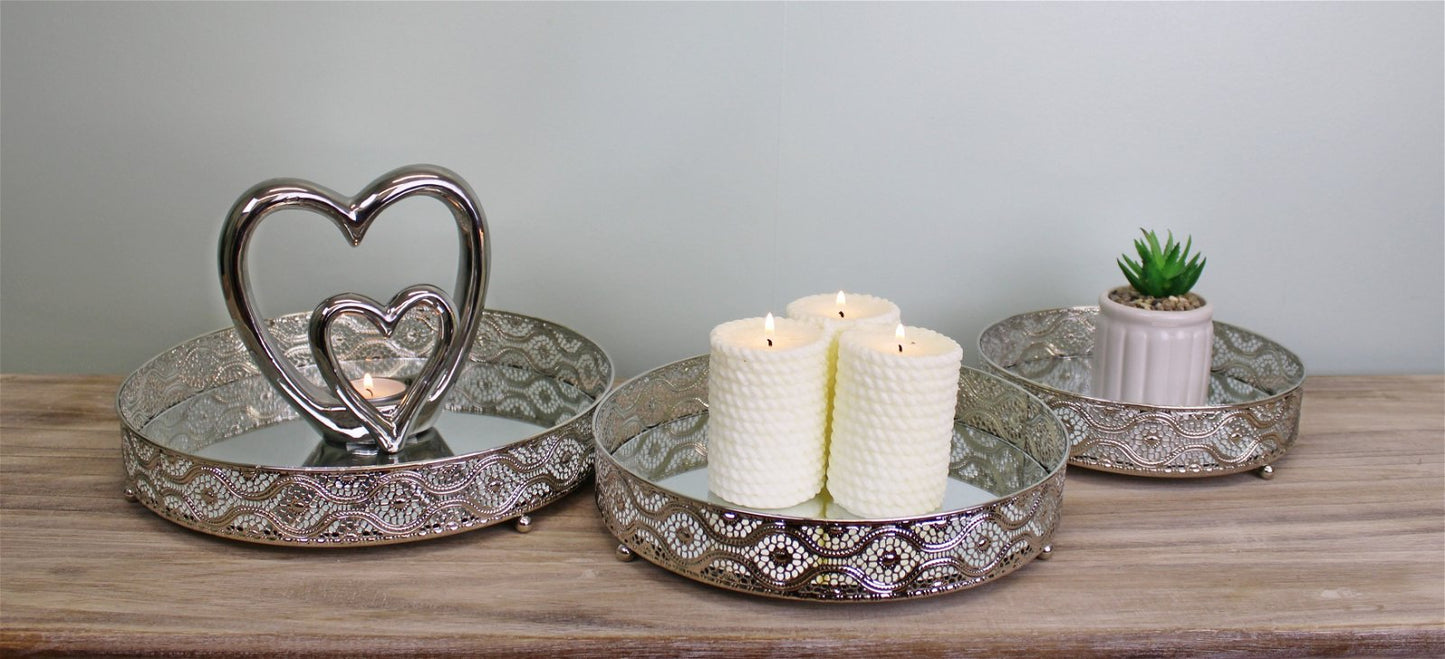 Set Of 3 Silver Metal and Mirrored Candle Plates Willow and Wine