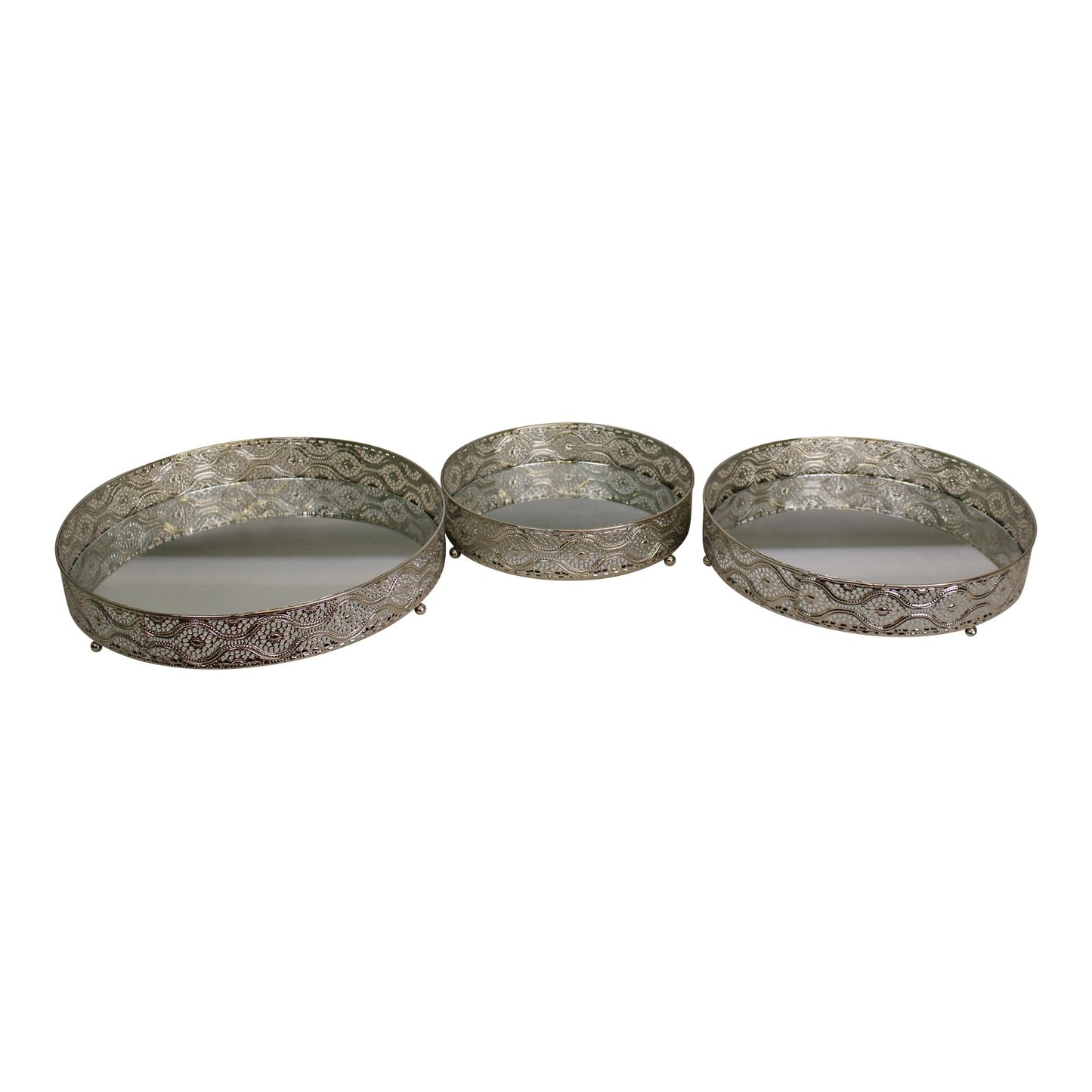 Set Of 3 Silver Metal and Mirrored Candle Plates Willow and Wine