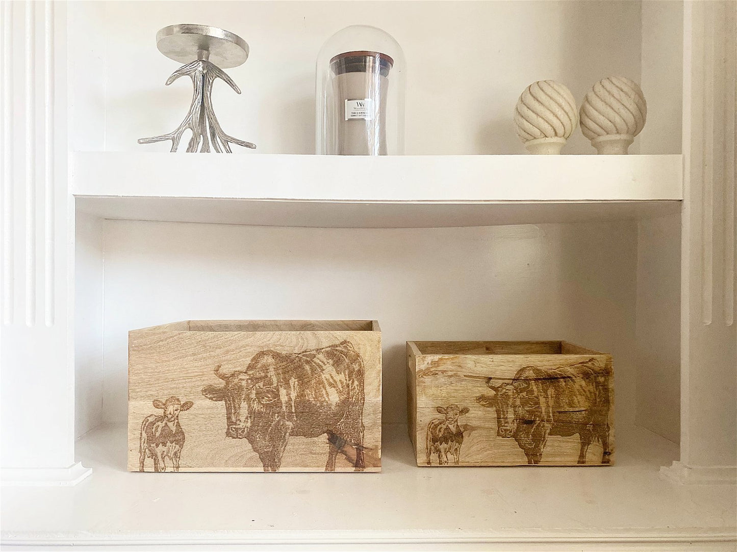 Set Of Two Engraved Cow Crates Willow and Wine