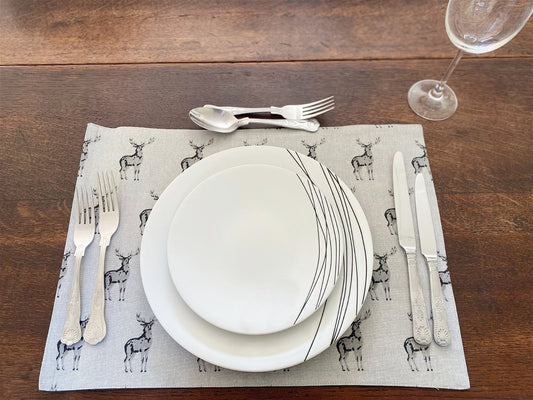 Set of 2 Grey Stag Print Fabric Place Mats Willow and Wine