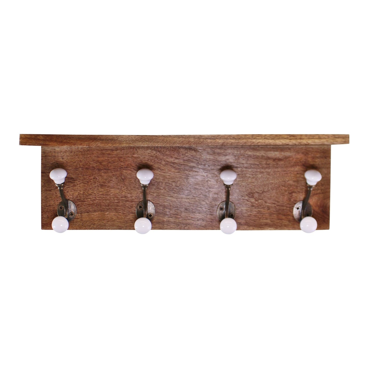 Set of 4 White Ceramic Double Coat Hooks On Wooden Base With Shelf Willow and Wine