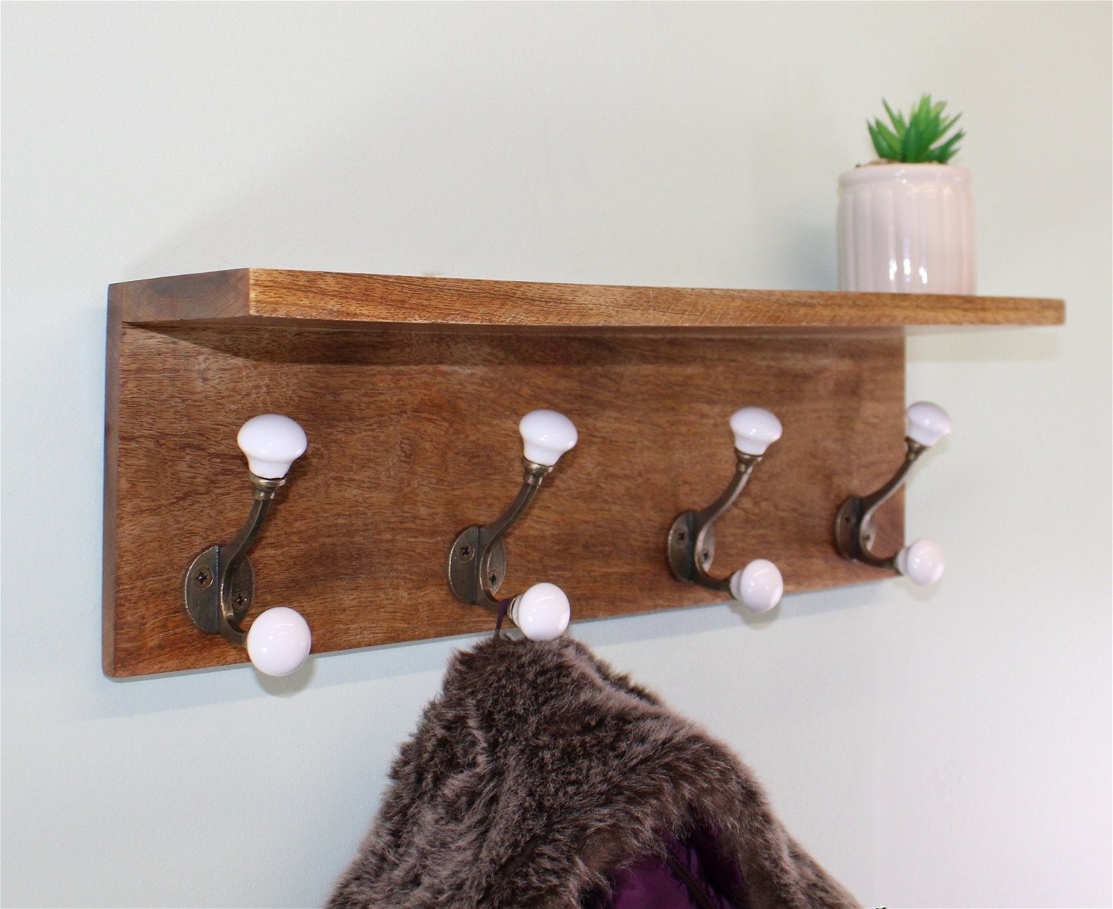 Set of 4 White Ceramic Double Coat Hooks On Wooden Base With Shelf Willow and Wine