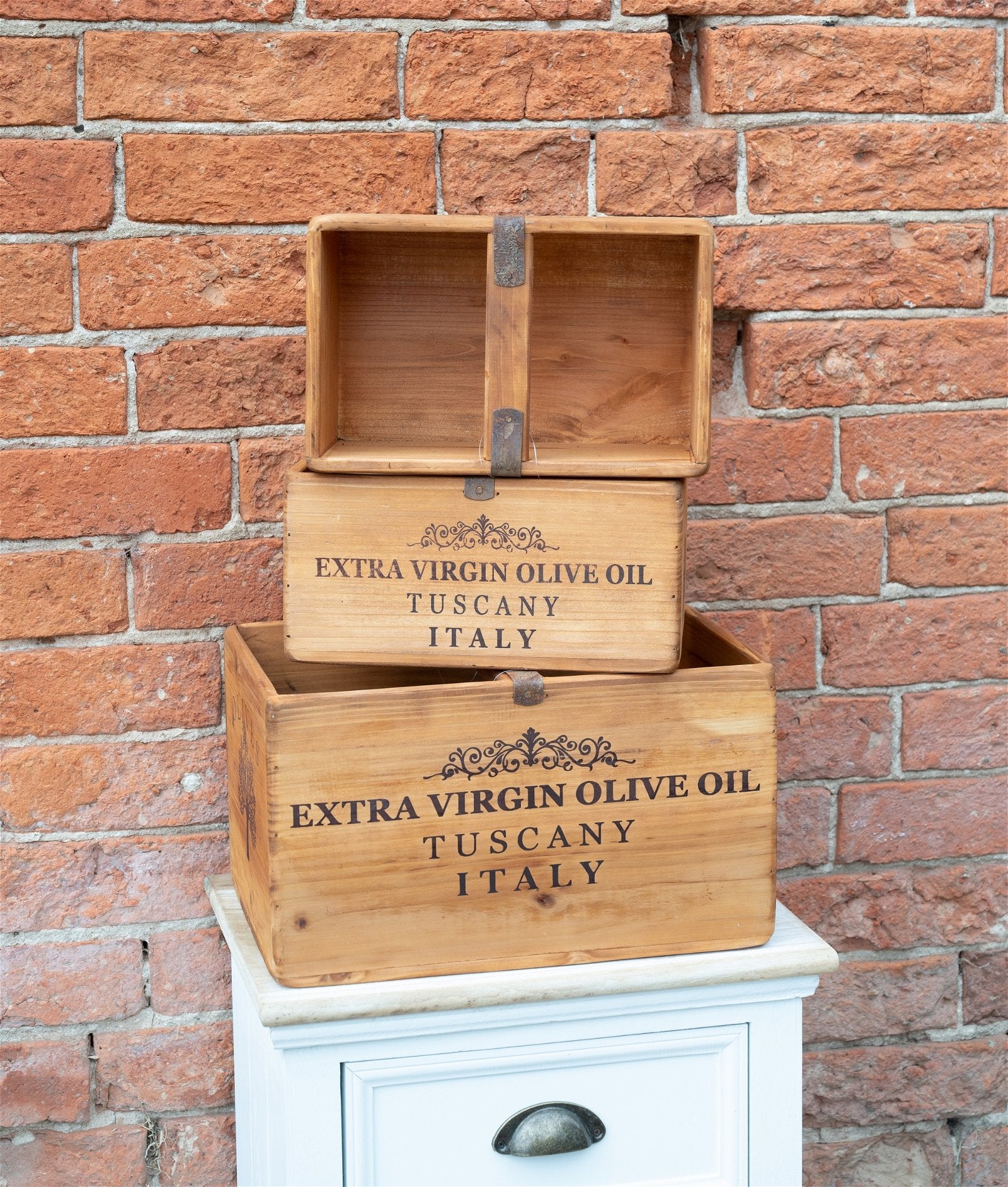 Set of Three Olive Oil' Wooden Crates Willow and Wine