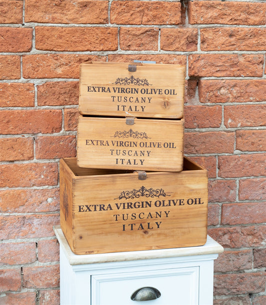 Set of Three Olive Oil' Wooden Crates Willow and Wine