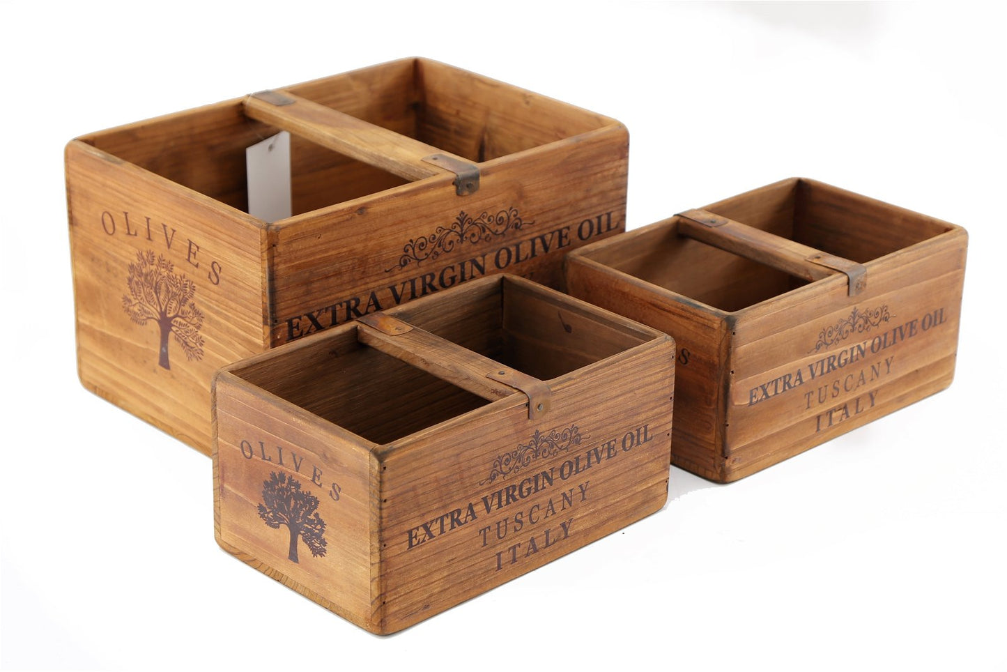 Set of Three Olive Oil' Wooden Crates Willow and Wine