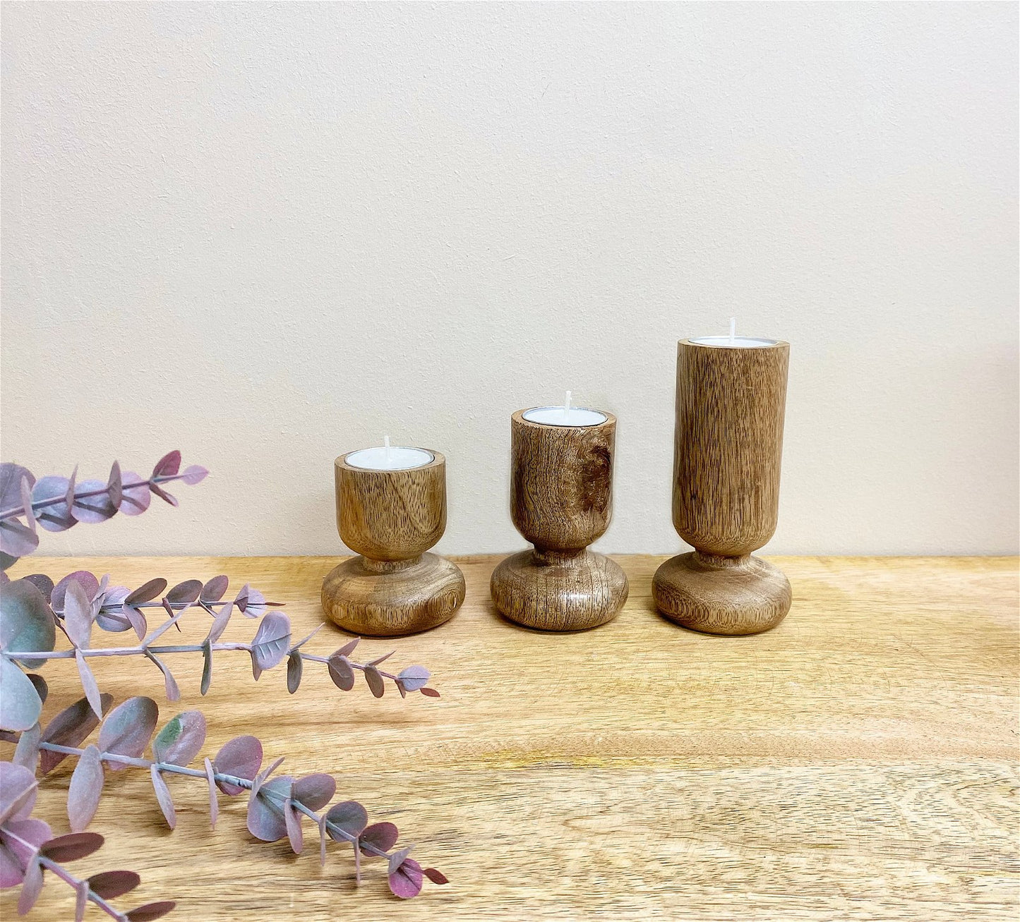 Set of Three Wooden Candlestick or Tea Light Holders Willow and Wine