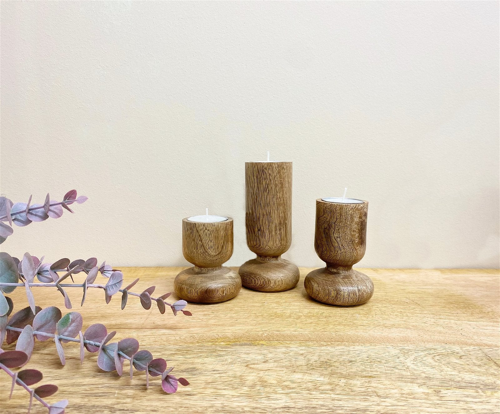 Set of Three Wooden Candlestick or Tea Light Holders Willow and Wine