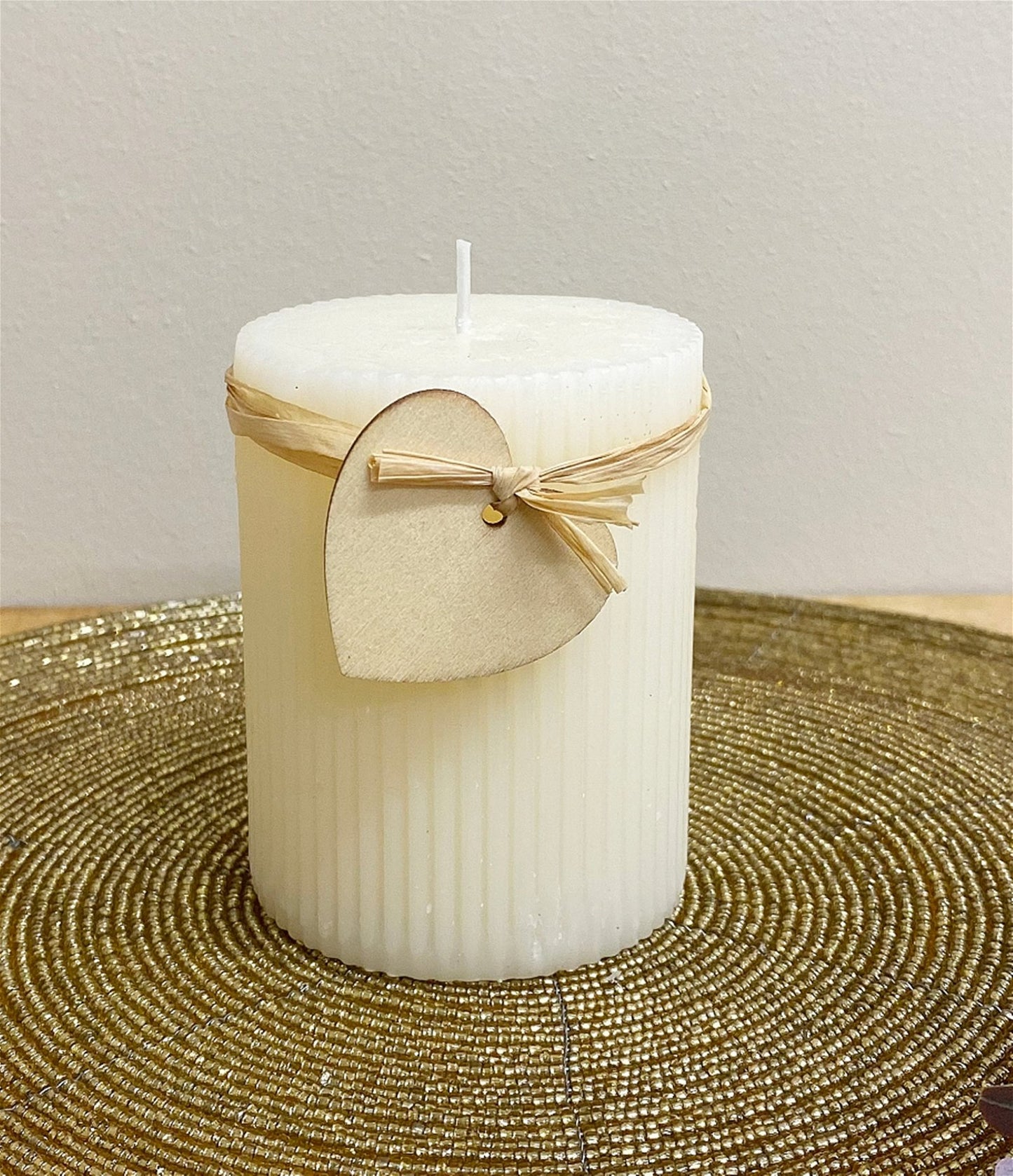 Small Cream Ridged Pillar Candle with Heart Decoration Willow and Wine