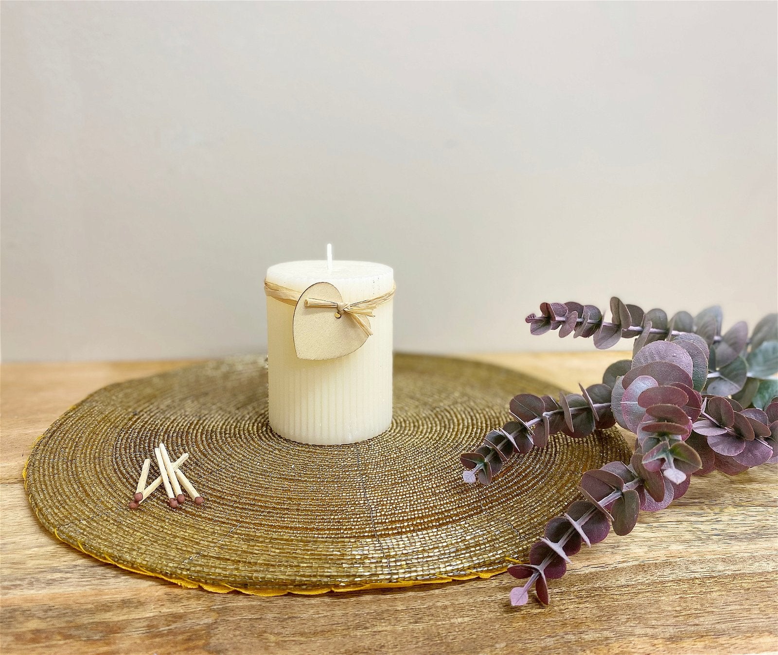 Small Cream Ridged Pillar Candle with Heart Decoration Willow and Wine