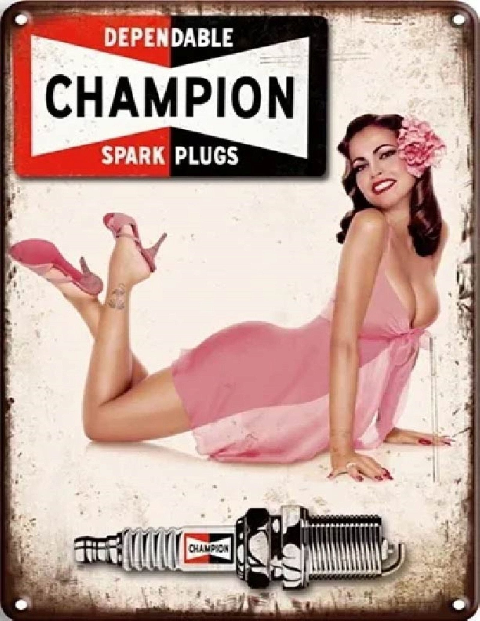 Small Metal Sign 45 x 37.5cm Dependable Champion Spark Plug Willow and Wine