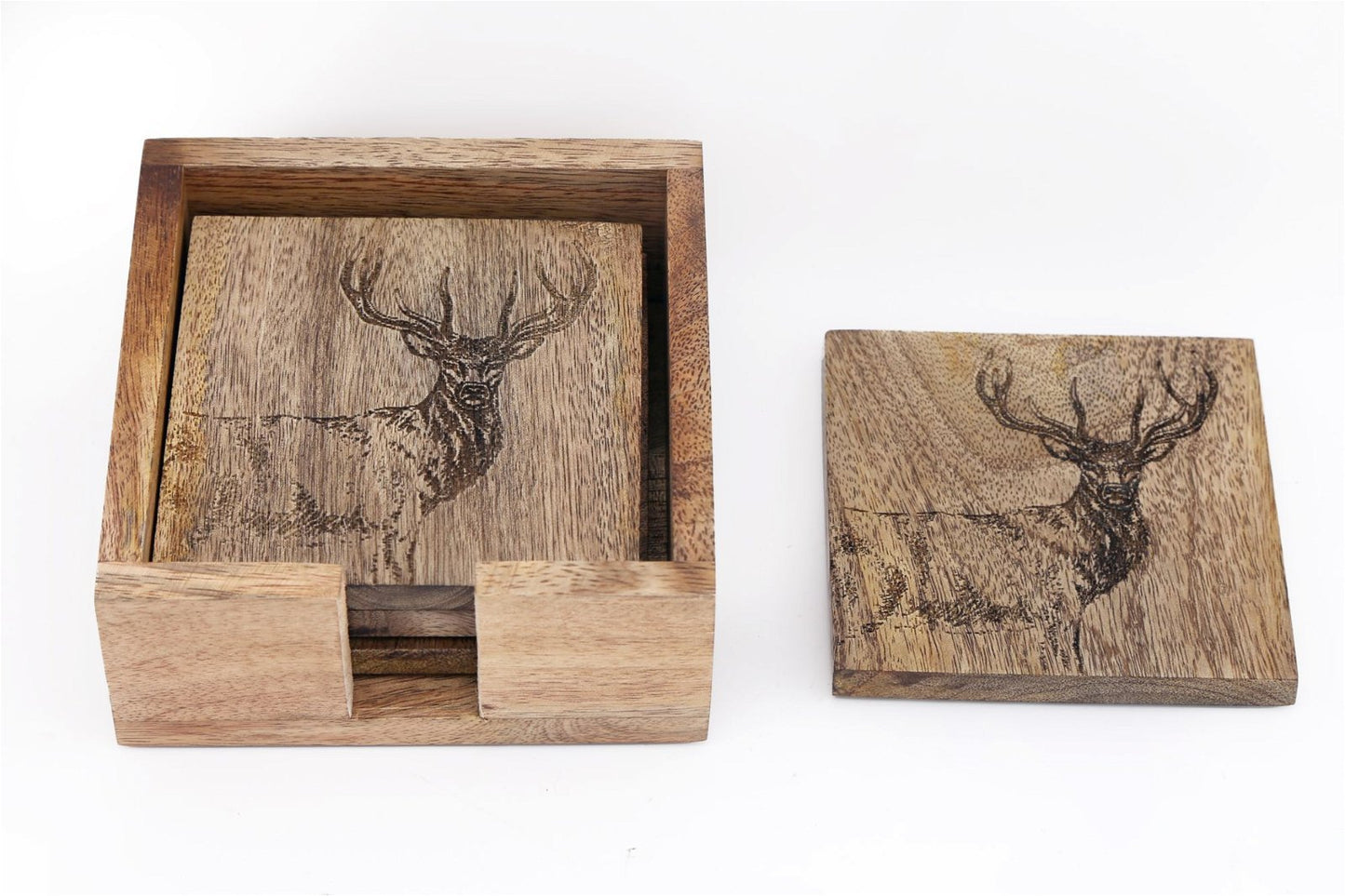 Wooden Set of 4 Engraved Stag Coasters Willow and Wine