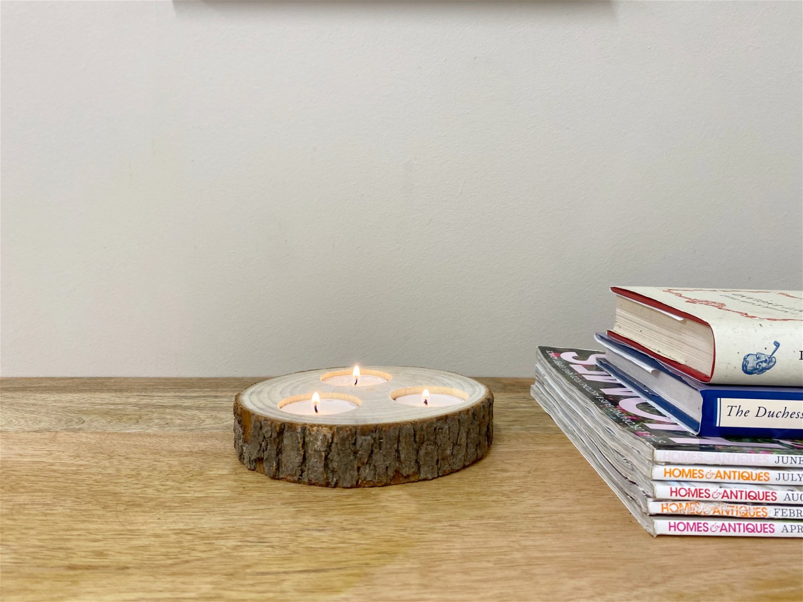 Wooden Triple Tealight Holder with Bark Detail Willow and Wine